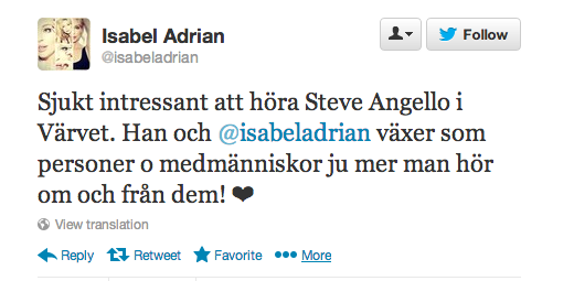 Svenska Hollywoodfruar, Isabel Adrian, Steve Angello, Twitter, Fejkkonto, Värvet